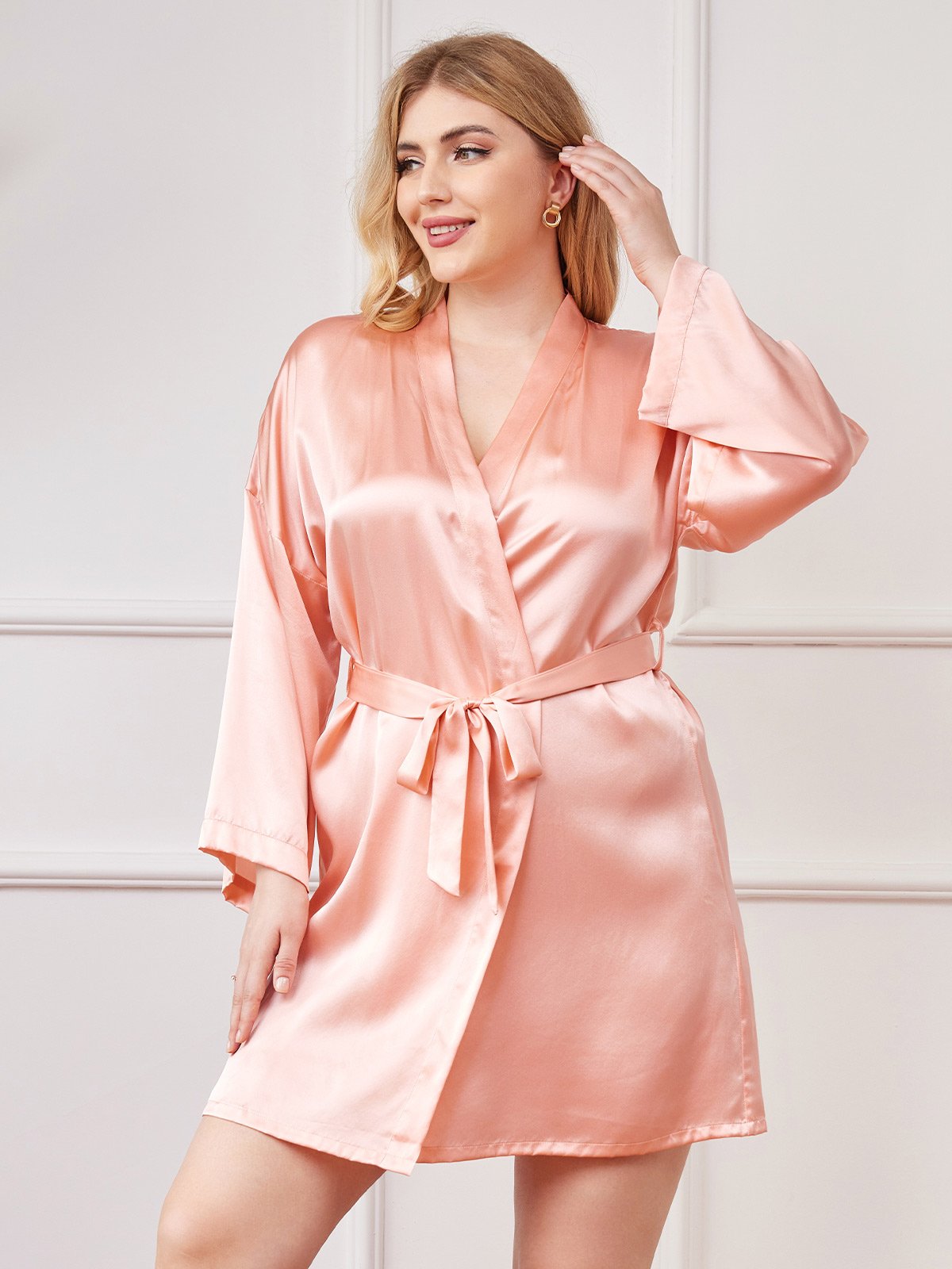 SilkSilky-CA Pure Silk Long Sleeve Deep V Neck Plus Size Robe Pink 003