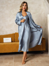 [Grayish Blue] SilkSilky-CA Long Sleeve V Neck Nightgown&Robe Set 006