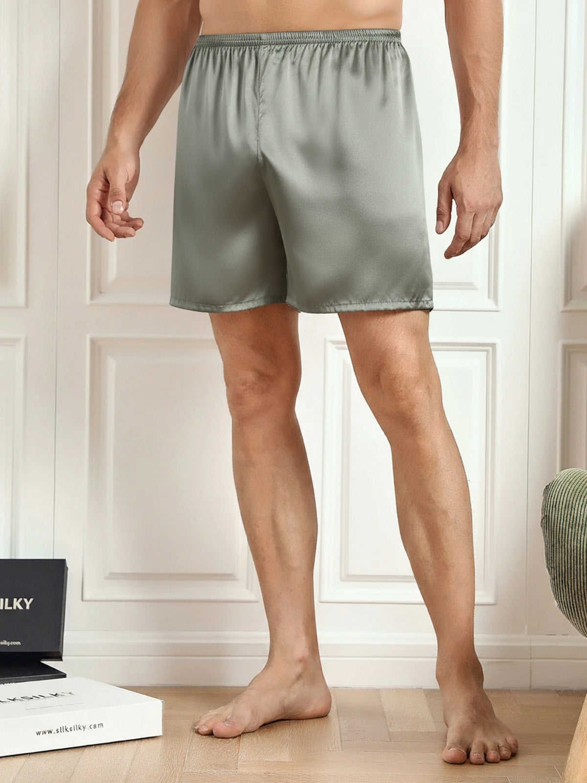 [Grayish Green] SilkSilky-CA Pure Silk Mens Sleep Bottoms 002