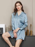 SilkSilky CA Pure Silk Long Sleeve Lapel Nightshirt SteelBlue 003