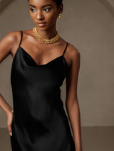 [Black] SilkSilky-CA Spaghetti Strap Cowl Neck Dress 007