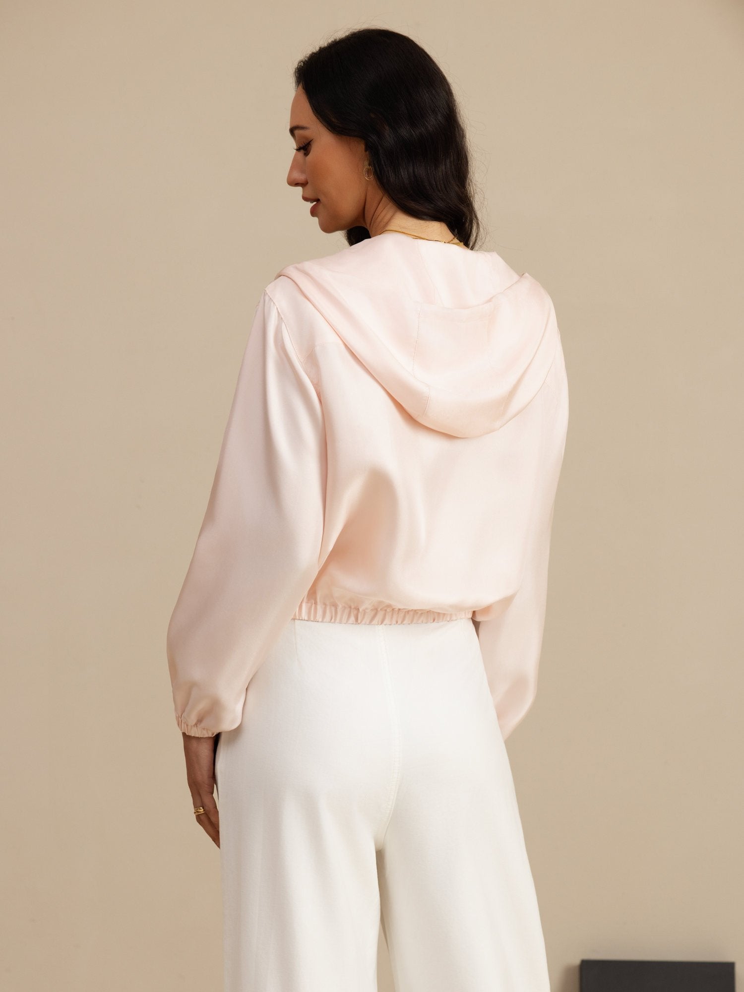 [Pink] SilkSilky-CA 18Momme Silk Satin Surah Long Sleeve Stand Collar Women's Outerwear 002