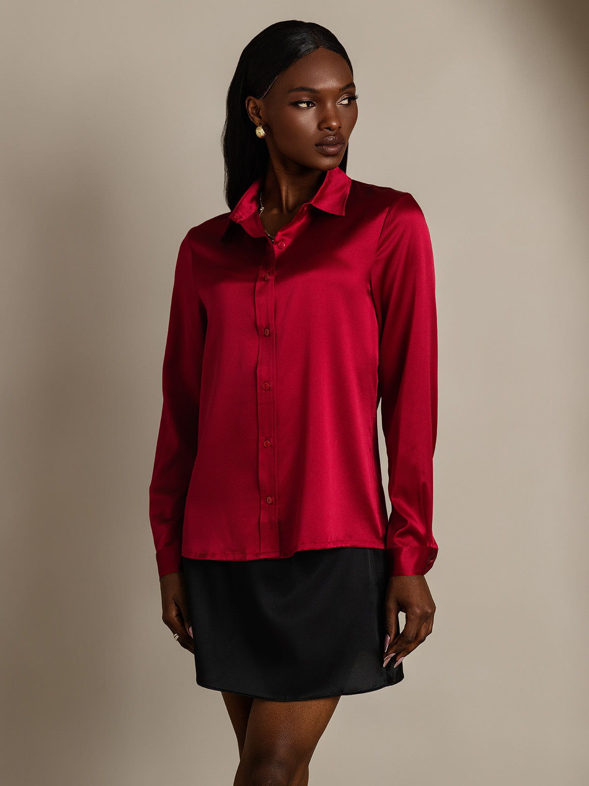 SilkSilky-CA 19Momme Silk Long Sleeve Collar Women's Shirt Wine 008