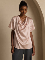 [Tuscany] SilkSilky-CA Short Sleeve Cowl Neck Women's Blouse 001