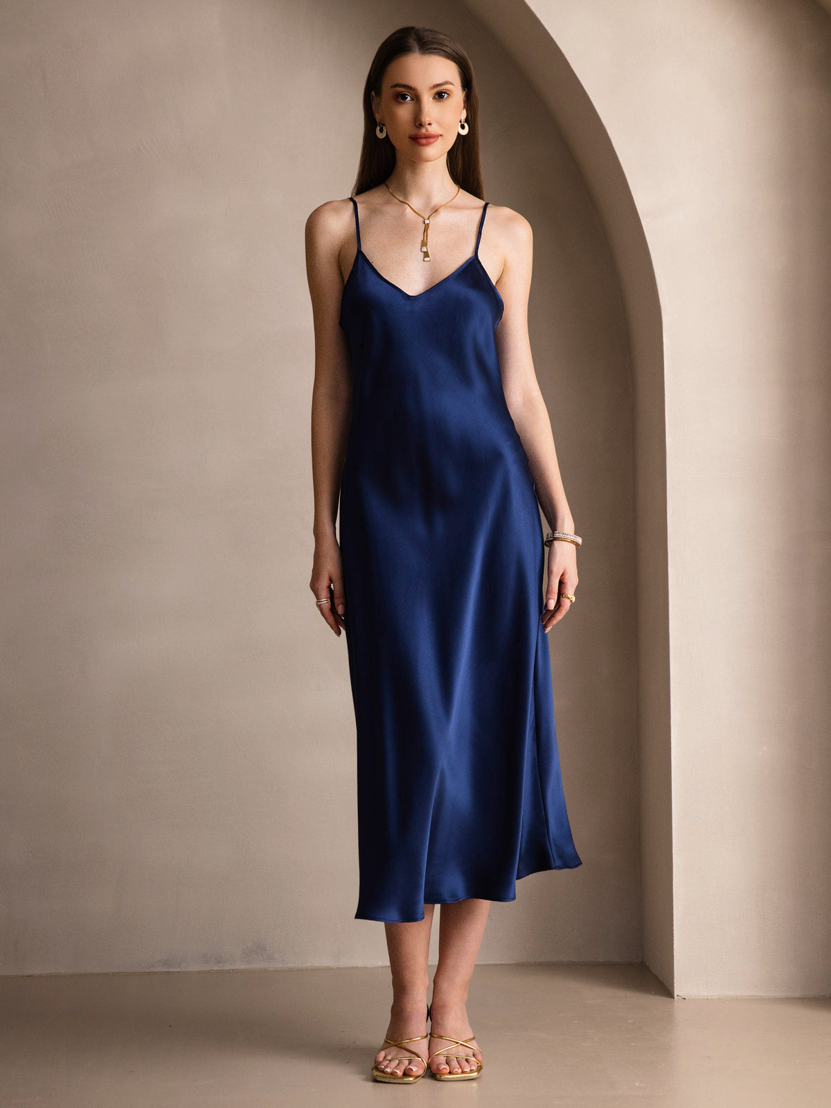 SilkSilky-CA Pure Silk Sleeveless Round Neck Dress DarkBlue 007