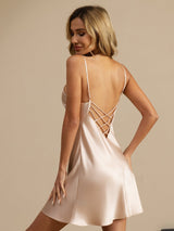 [Pink] SilkSilky-CA Spaghetti Strap V Neck Nightgown 002