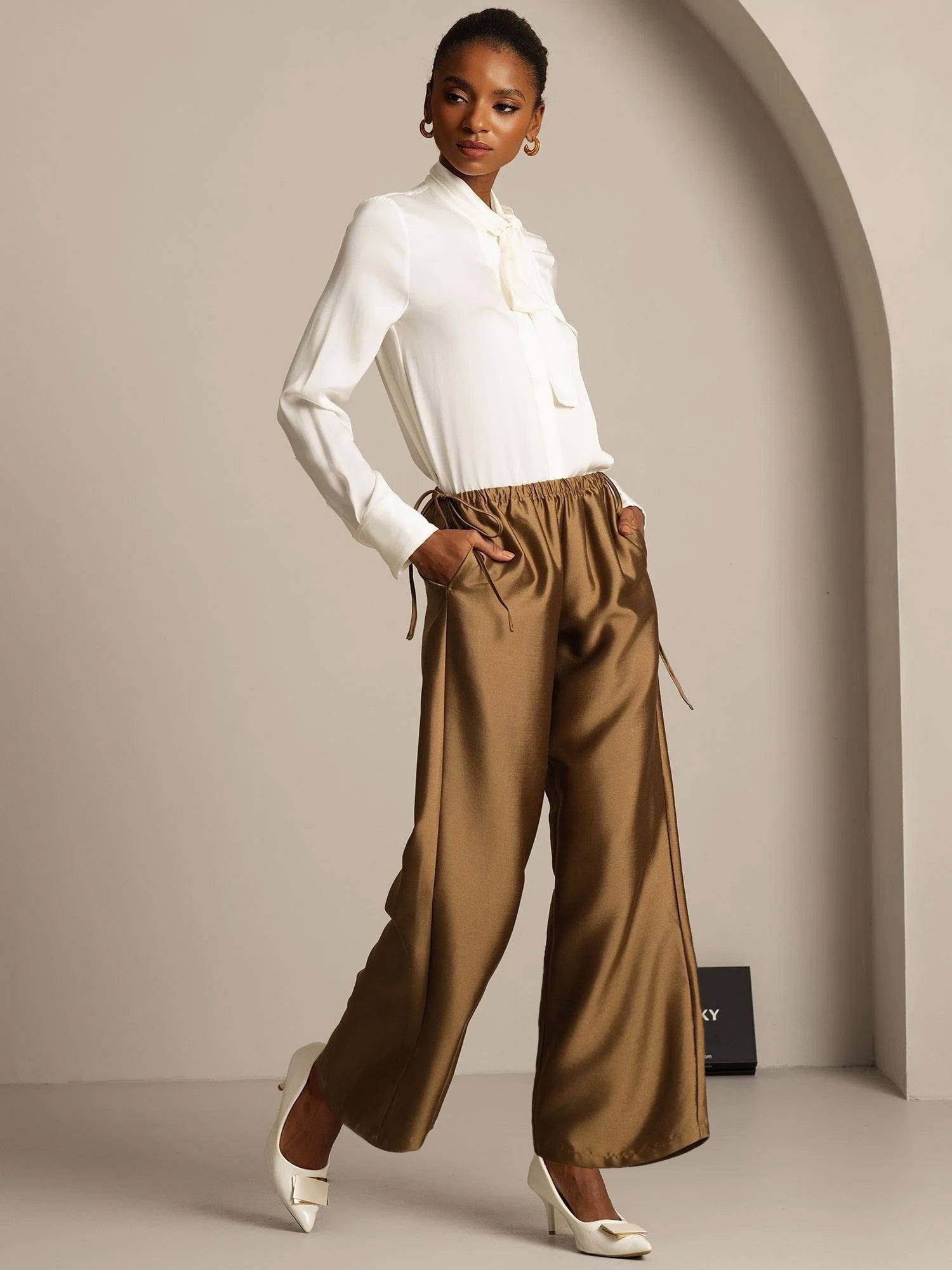 [Bronze] SilkSilky-CA 32Momme Silk-Wool Blend Womens Pants 005,