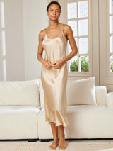 [Champagne] SilkSilky-CA Spaghetti Strap V Neck Nightgown 005