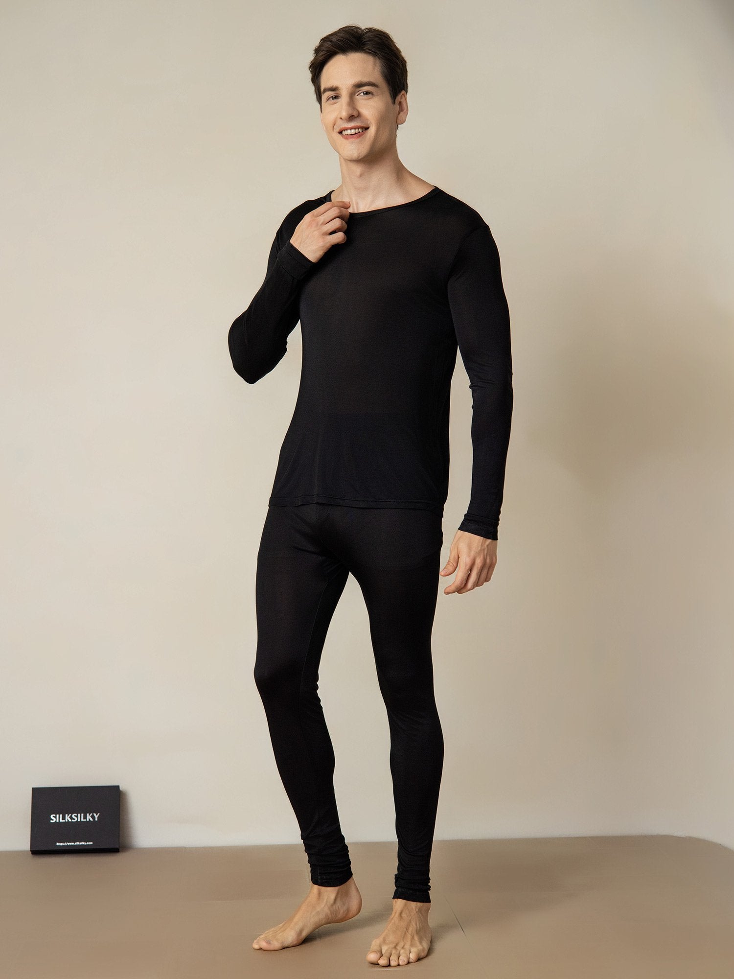 [Black] SilkSilky-CA Silk Knitted Round Neck Men's Pajamas 001