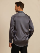 [Dark Gray] SilkSilky-CA 19Momme Stretch Silk Charmeuse Long Sleeve Lapel Collar Men's Shirt 002