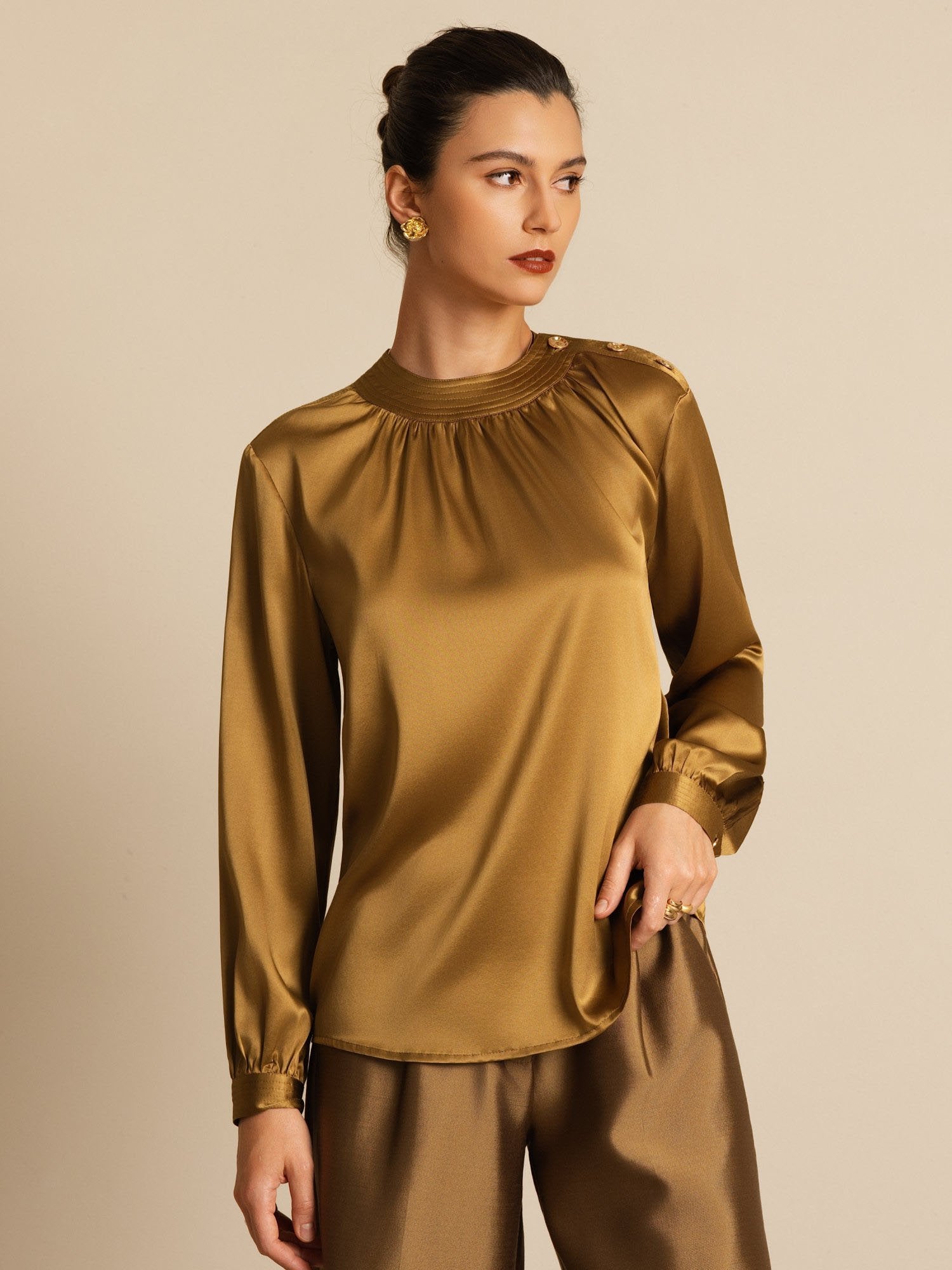[Bronze] SilkSilky-CA 19Momme Stretch Silk Charmeuse Long Sleeve Round Neck Blouse 001