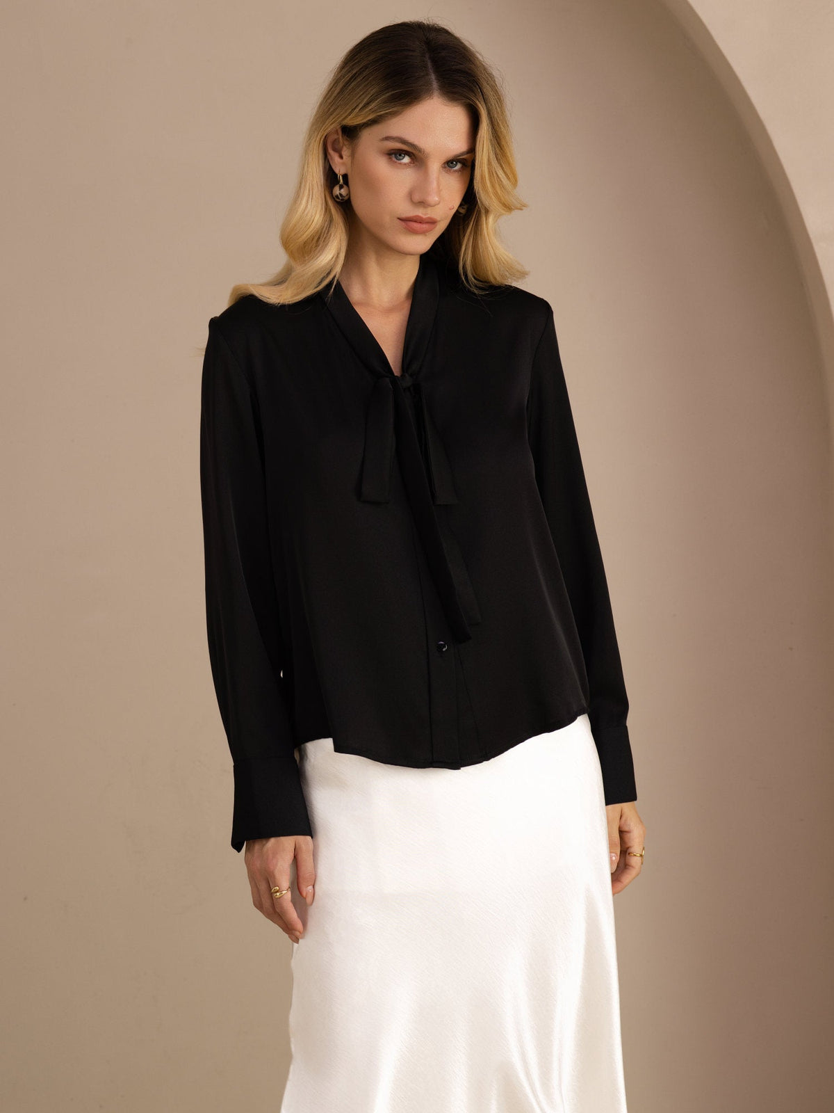 [Black] SilkSilky-CA Long Sleeve Tie Neck Women's Blouse 001