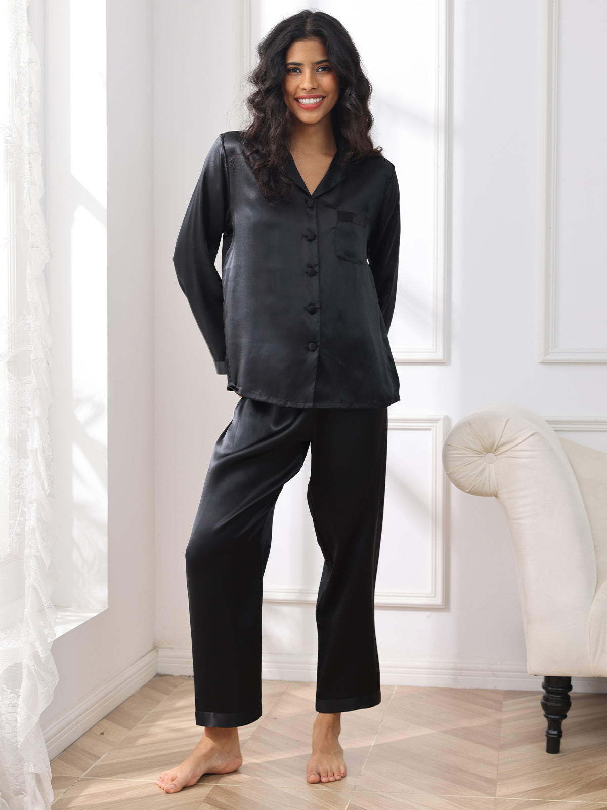 SilkSilky-CA Pure Silk Long Sleeve Lapel Women's Pajamas Black 003