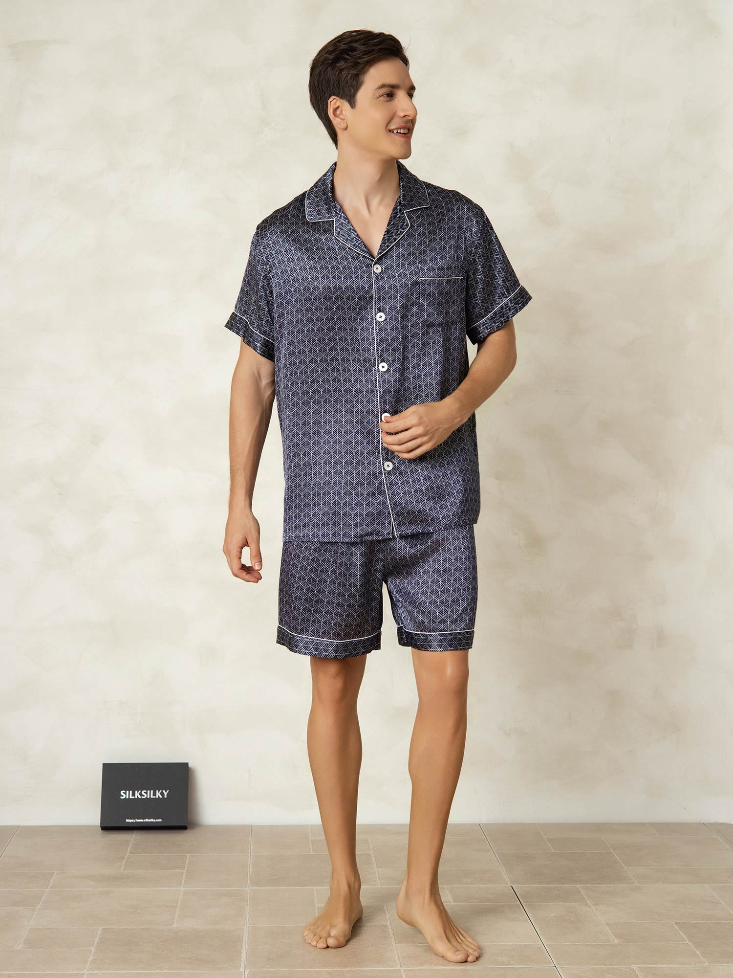 [NavyGinkgo] SilkSilky-CA Pure Silk Lapel Collar Men's Pajamas 006