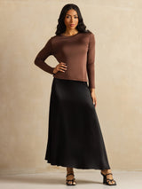 [Coffee] SilkSilky-CA Long Sleeve Crew Neck Women's T-Shirt 008