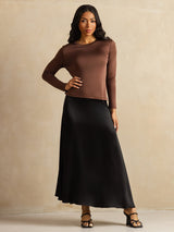[Coffee] SilkSilky-CA 100% Silk Jersey Long Sleeve Crew Neck Women's T-Shirt 008