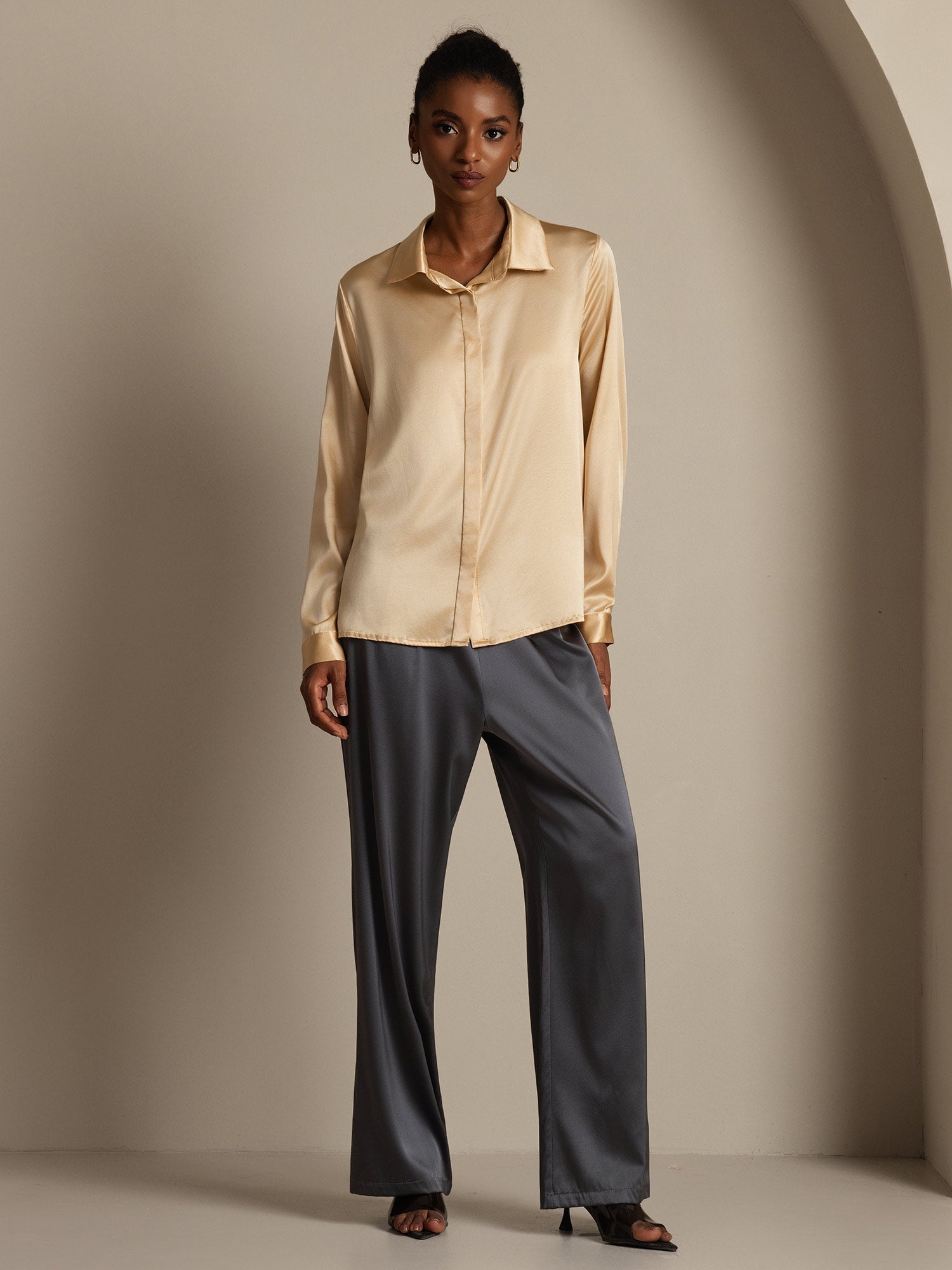 [Champagne] SilkSilky-CA 19Momme Silk Long Sleeve Lapel Collar Women's Shirt 008