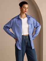 [Blue Pinstripe] SilkSilky-CA Long Sleeve Lapel Collar Women's Shirt 005