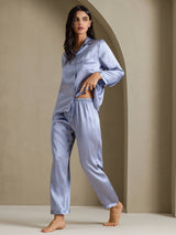 [Steel Blue] SilkSilky-CA Long Sleeve Lapel Collar Women's Pajamas 003
