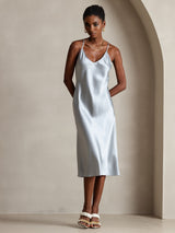 [Grayish Blue] SilkSilky-CA Pure Silk Sleeveless V Neck Dress 001