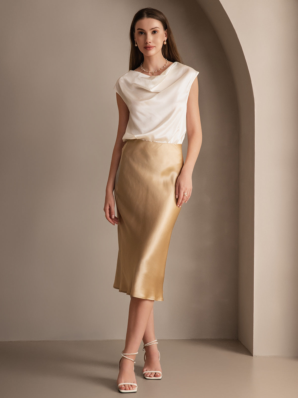 SilkSilky-CA 19Momme Pure Silk Skirt Champagne 003