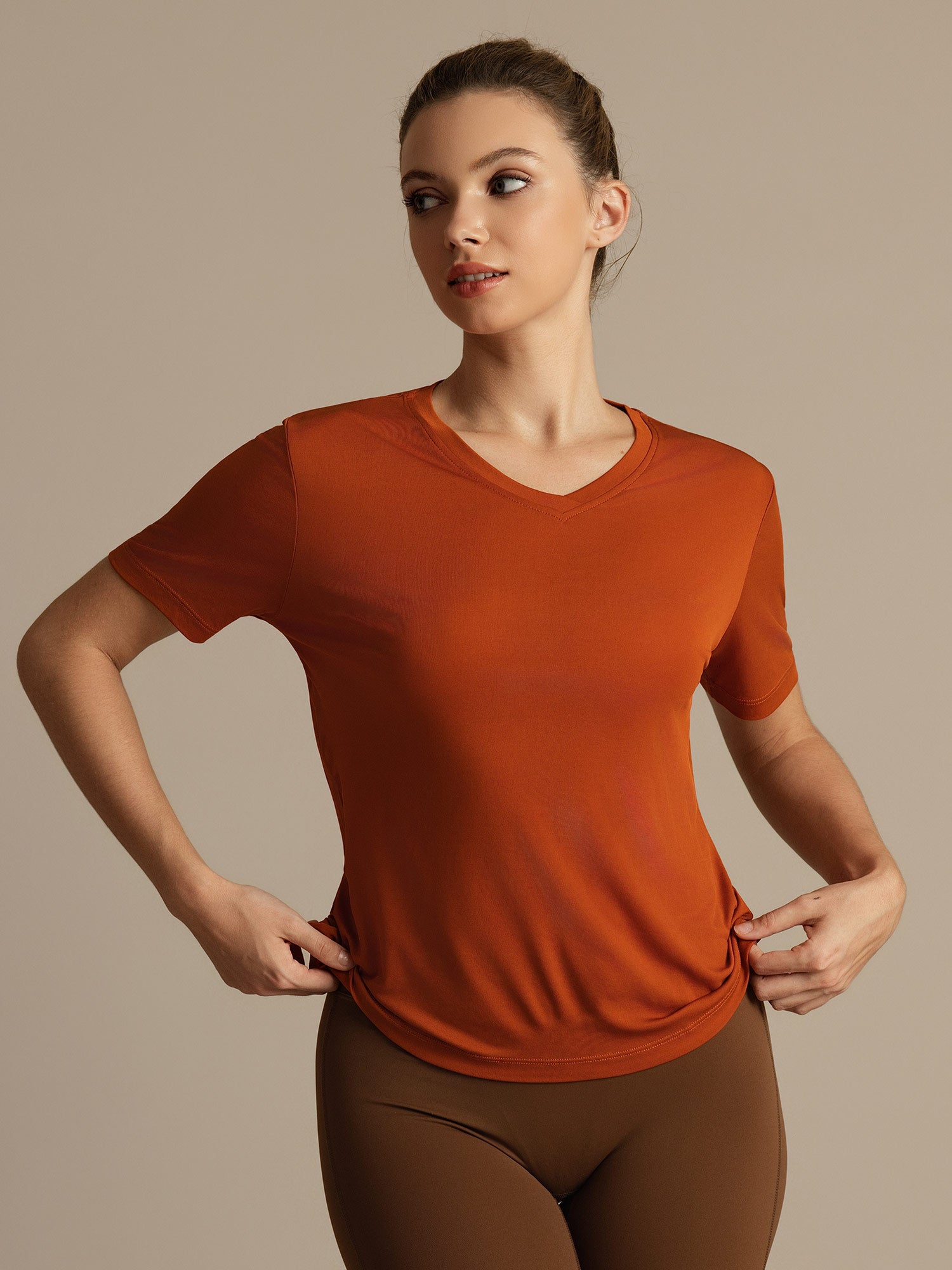 [Orange] SilkSilky-CA 100% High-Twist Silk Jersey Short Sleeve V Neck Women's T-Shirt 005