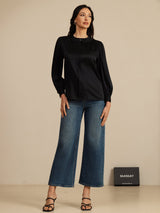 [Black] SilkSilky-CA 19Momme Long Sleeve Round Neck Blouse 005