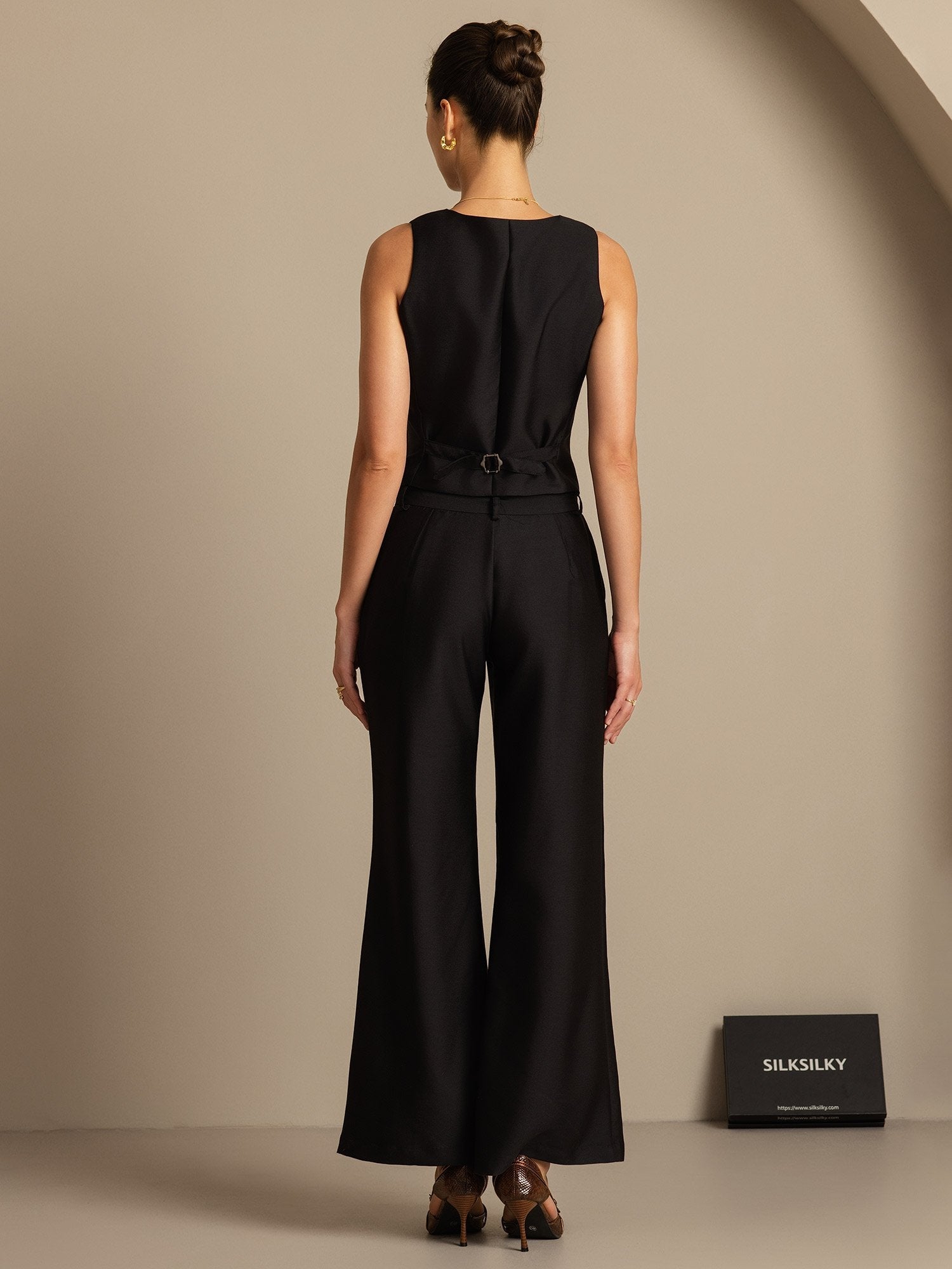 [Black] SilkSilky-CA 32Momme Silk-Wool Blend V Neck Women's Vest 002,