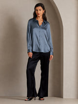 [Real Teal] SilkSilky-CA Long Sleeve Lapel Collar Women's Shirt 005
