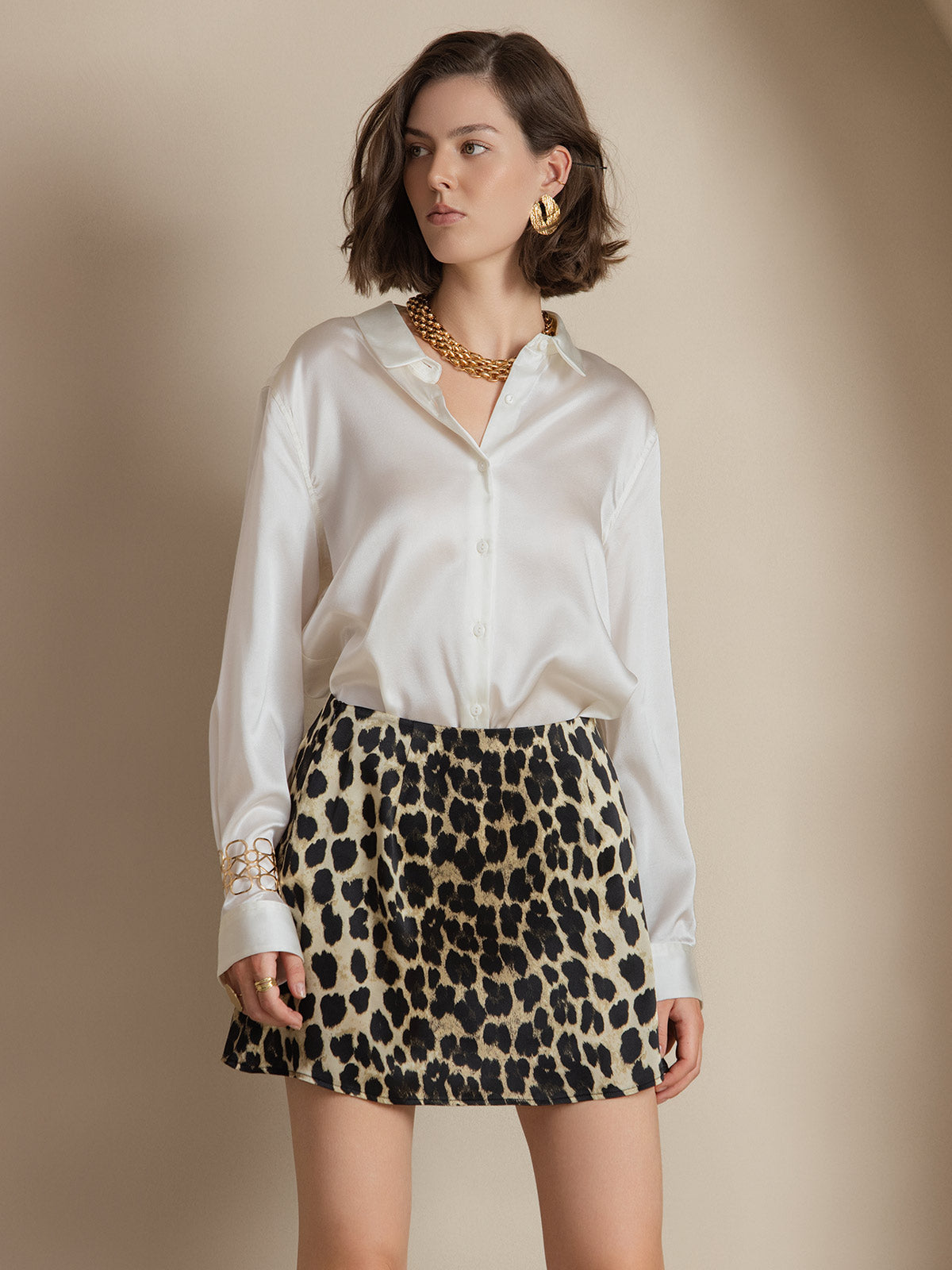 [White] SilkSilky-CA Silk Long Sleeve Lapel Collar Women's Shirt 005