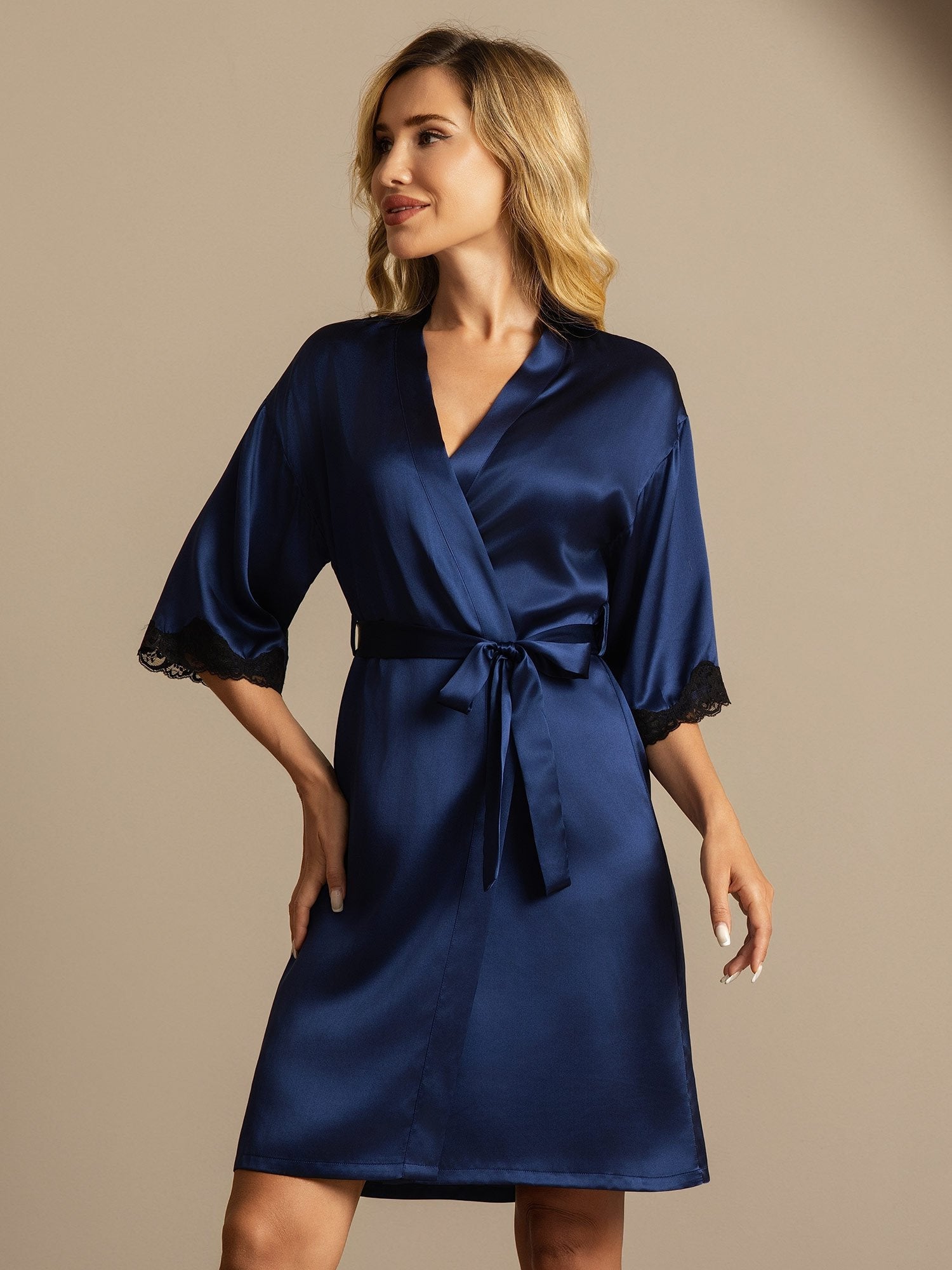 [Dark Blue] SilkSilky-CA Pure Silk Womens Robe 005