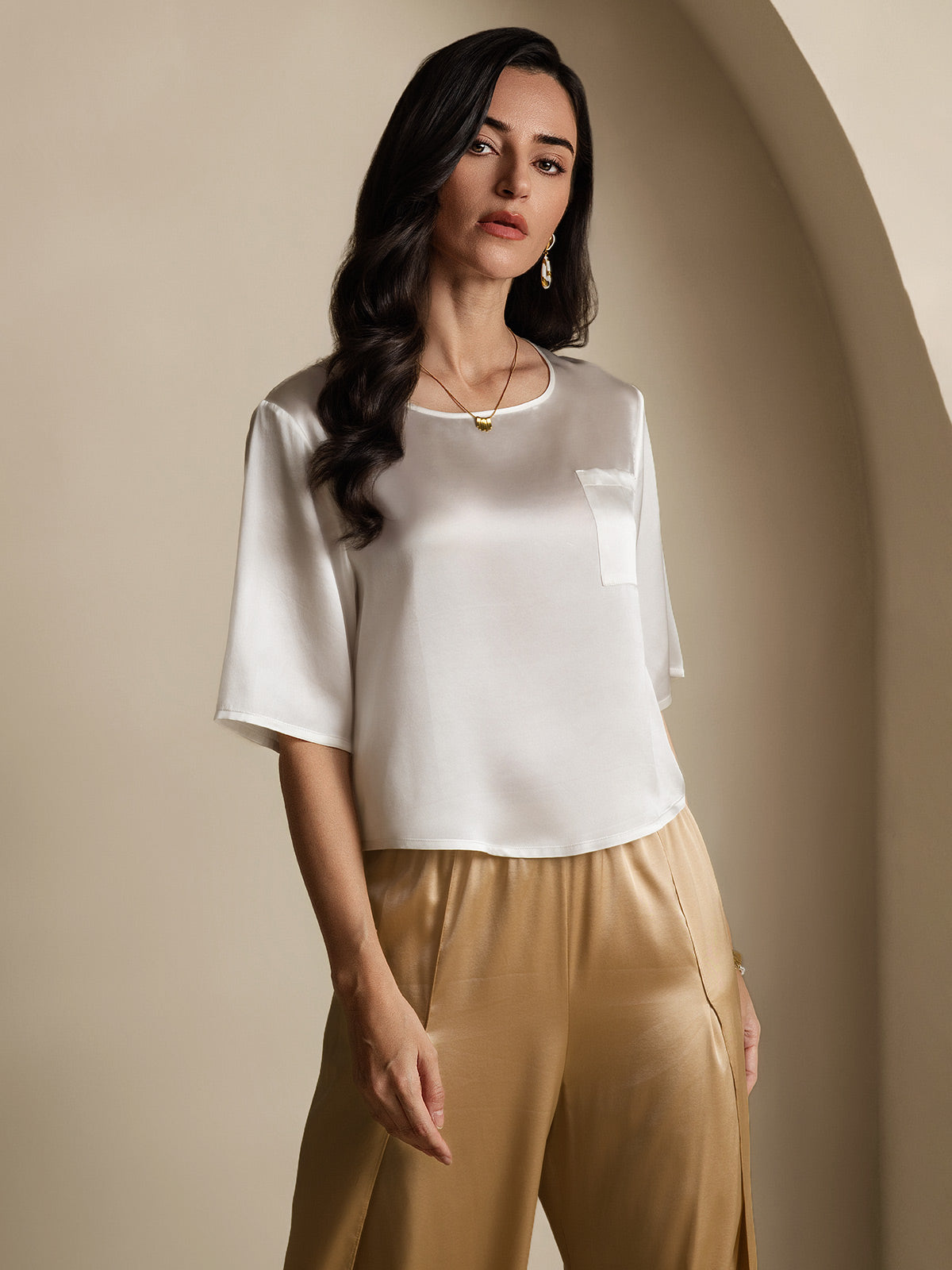 [White] SilkSilky-CA Pure Silk Boat Neck Women's T-Shirt 005