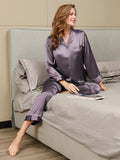 SilkSilky-CA Pure Silk Long Sleeve Lapel Women's Pajamas PurpleGray 004