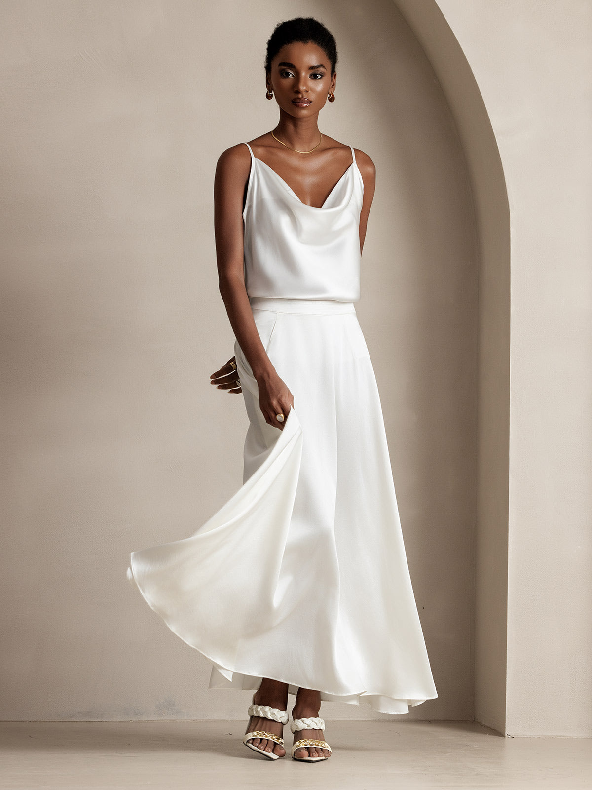 [White] SilkSilky-CA 19Momme Silk Skirt 006