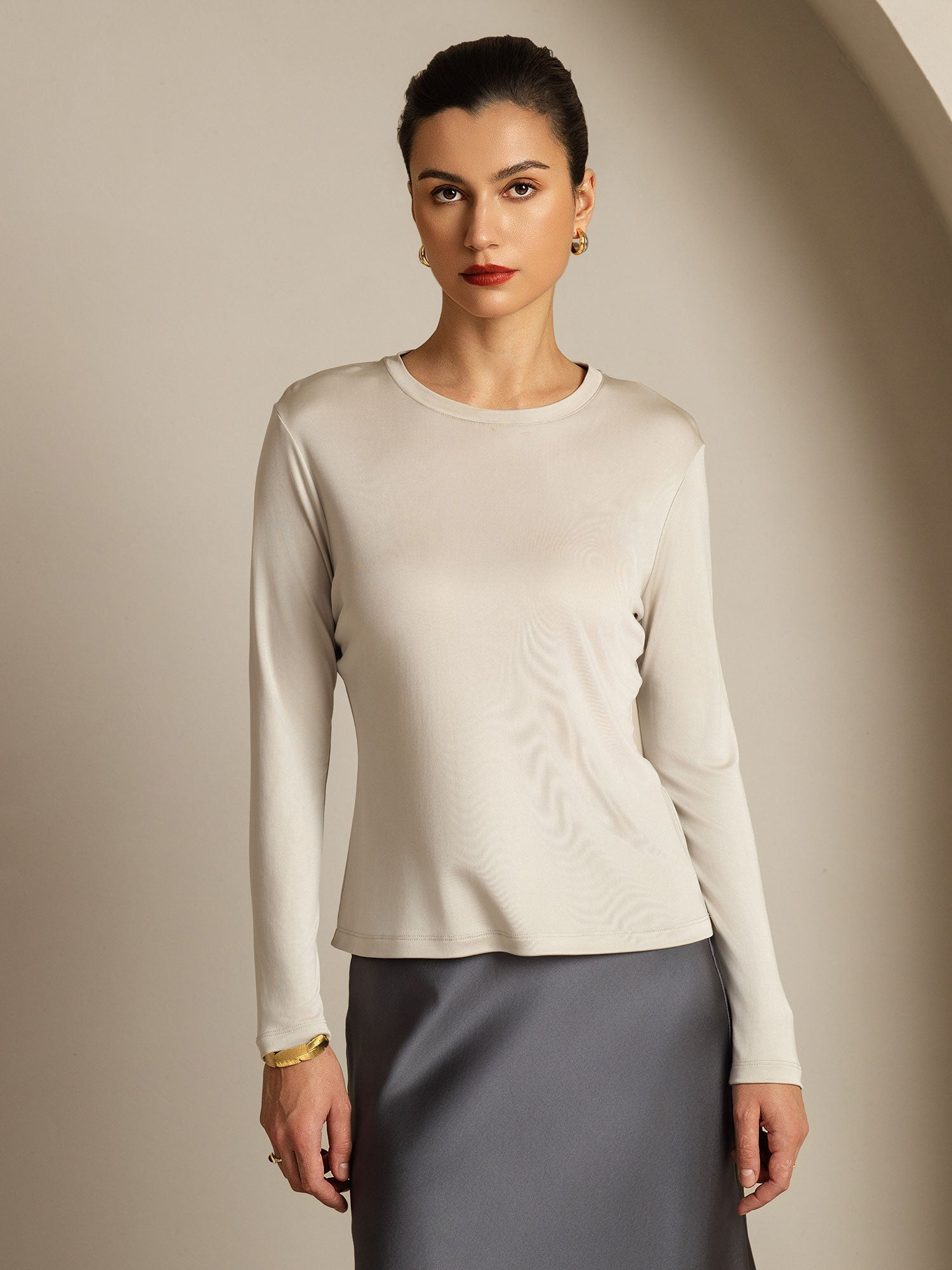 [Gray] SilkSilky-CA Pure Silk Womens T-Shirt 003,