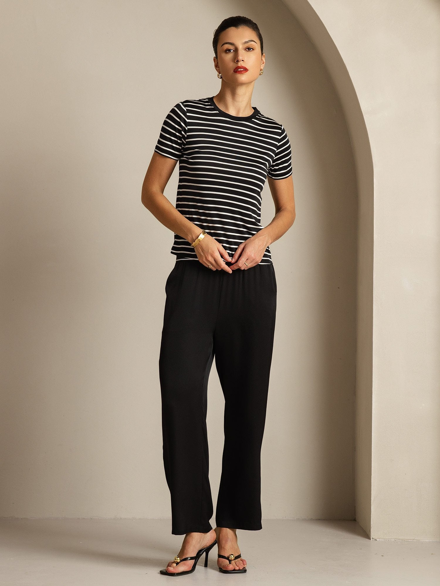 [BlackStripe] SilkSilky-CA Pure Silk Round Neck Women's T-Shirt 008