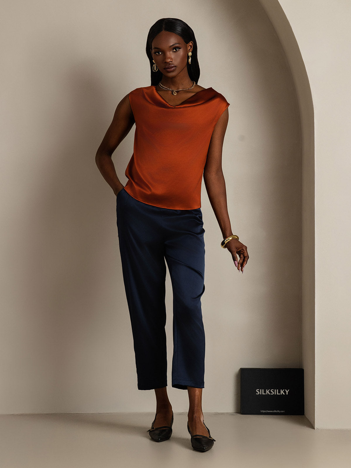 [Caramel] SilkSilky-CA 19Momme Silk Cap Sleeve Cowl Neck Women's T-Shirt 007