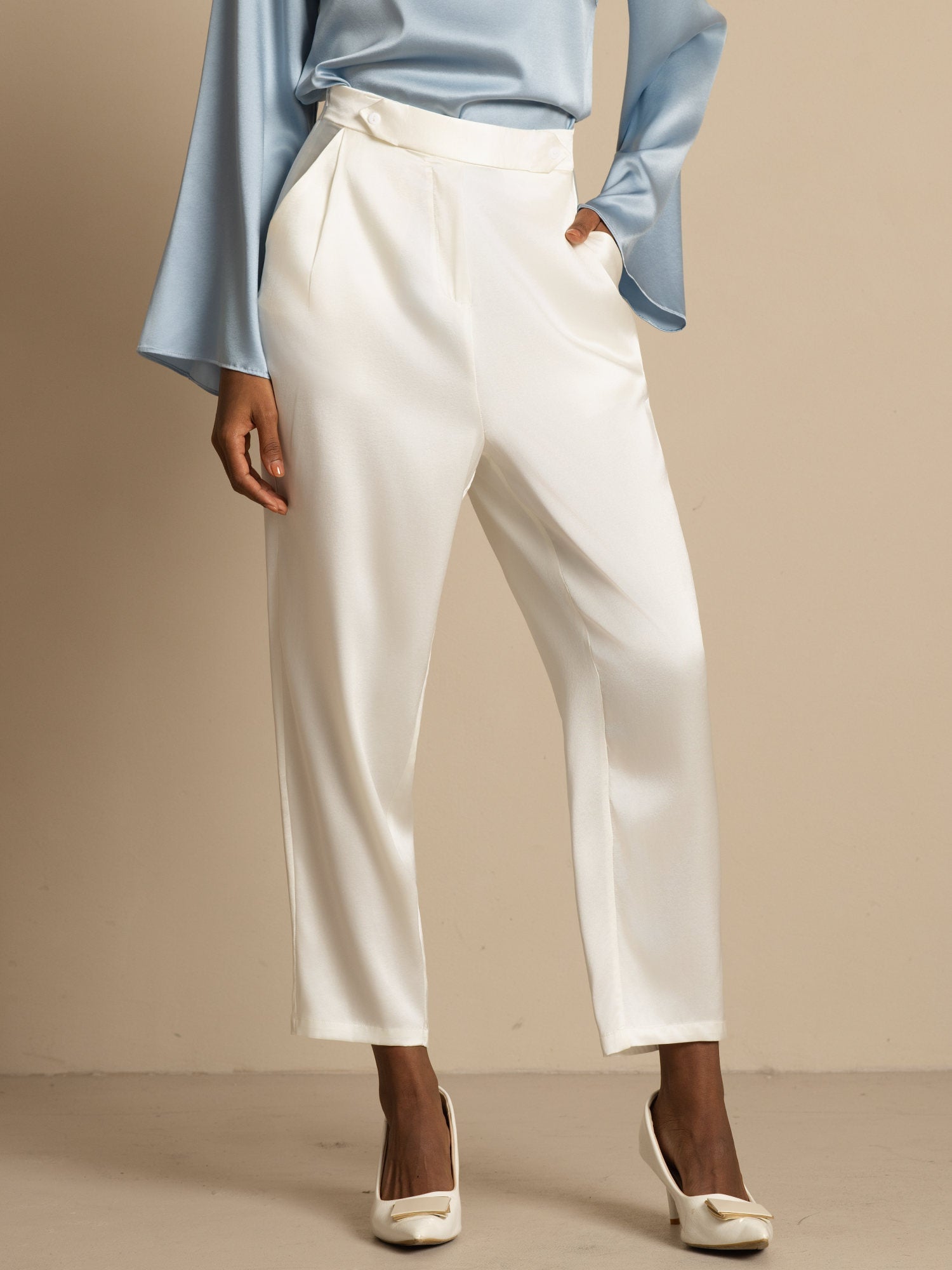 [White] SilkSilky-CA 19Momme Silk Womens Pants 005