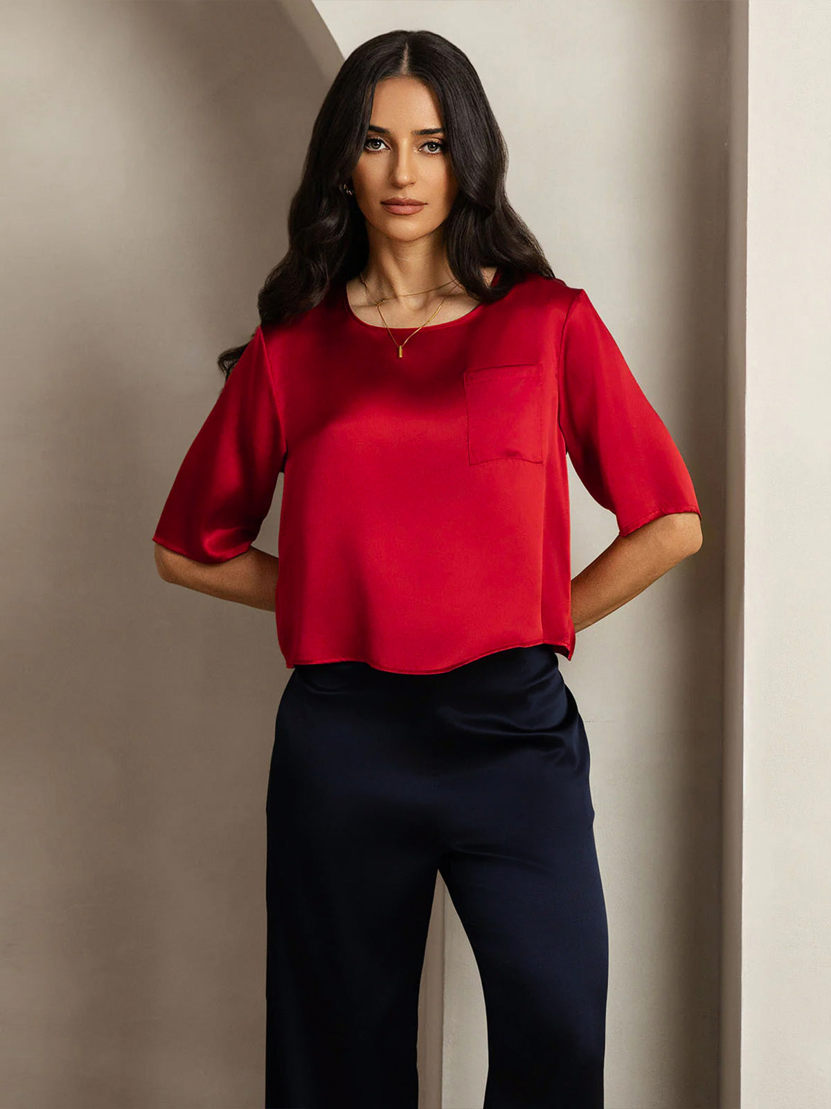 [Dark Red] SilkSilky-CA Pure Silk Boat Neck Women's T-Shirt 001