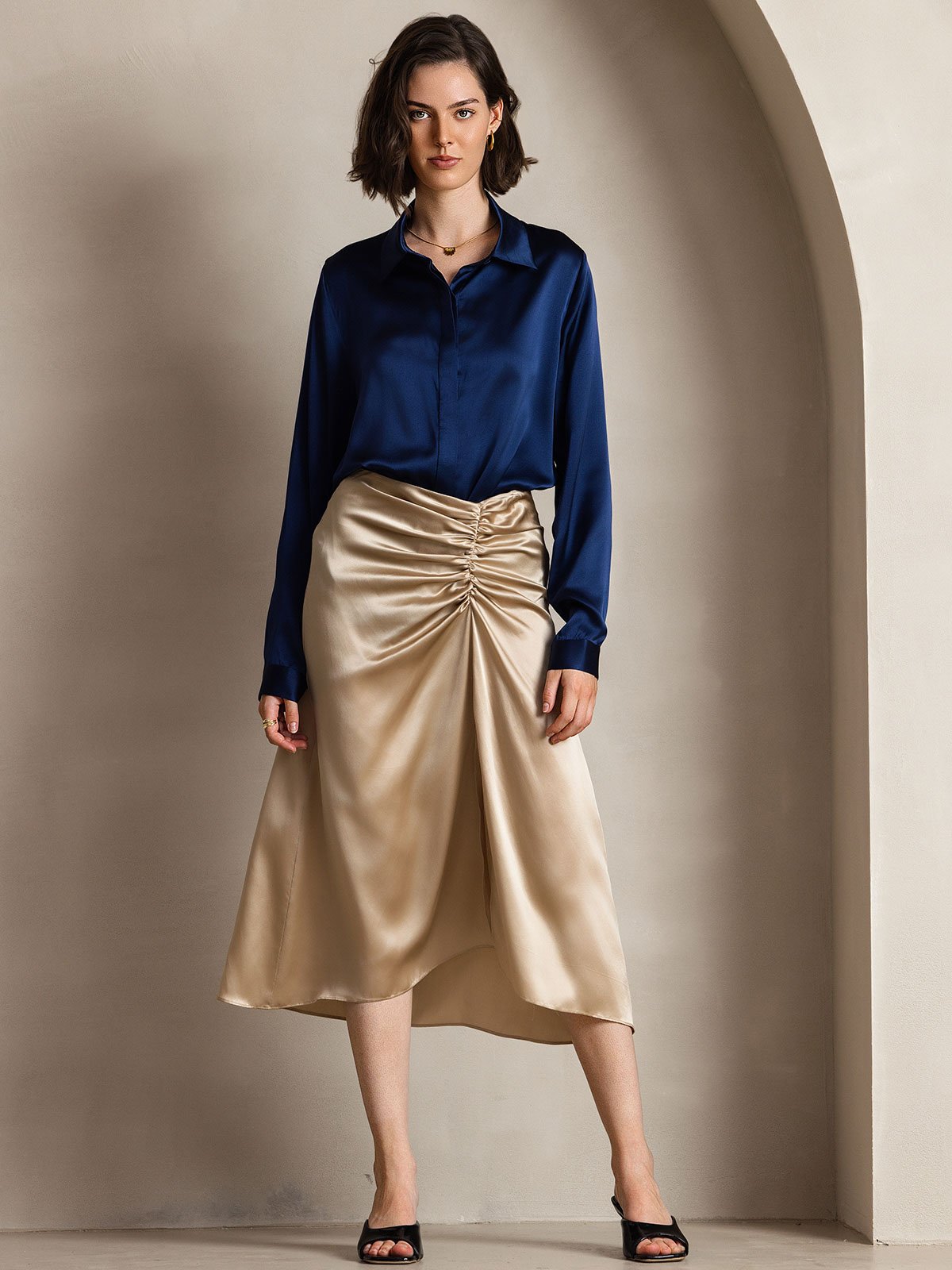 [Dark Blue] SilkSilky-CA 19Momme Silk Long Sleeve Lapel Collar Women's Shirt 001