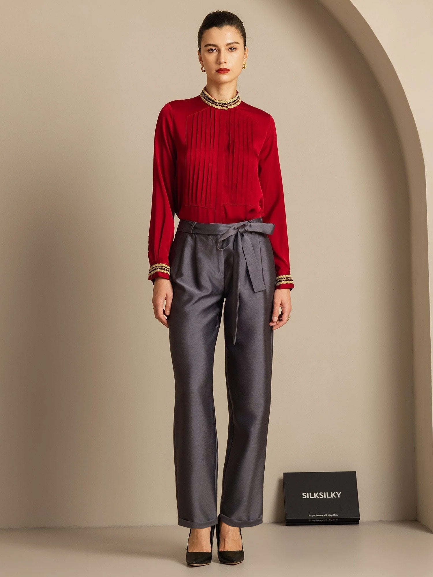 [Gray] SilkSilky-CA 32Momme Silk-Wool Blend Womens Pants 006,