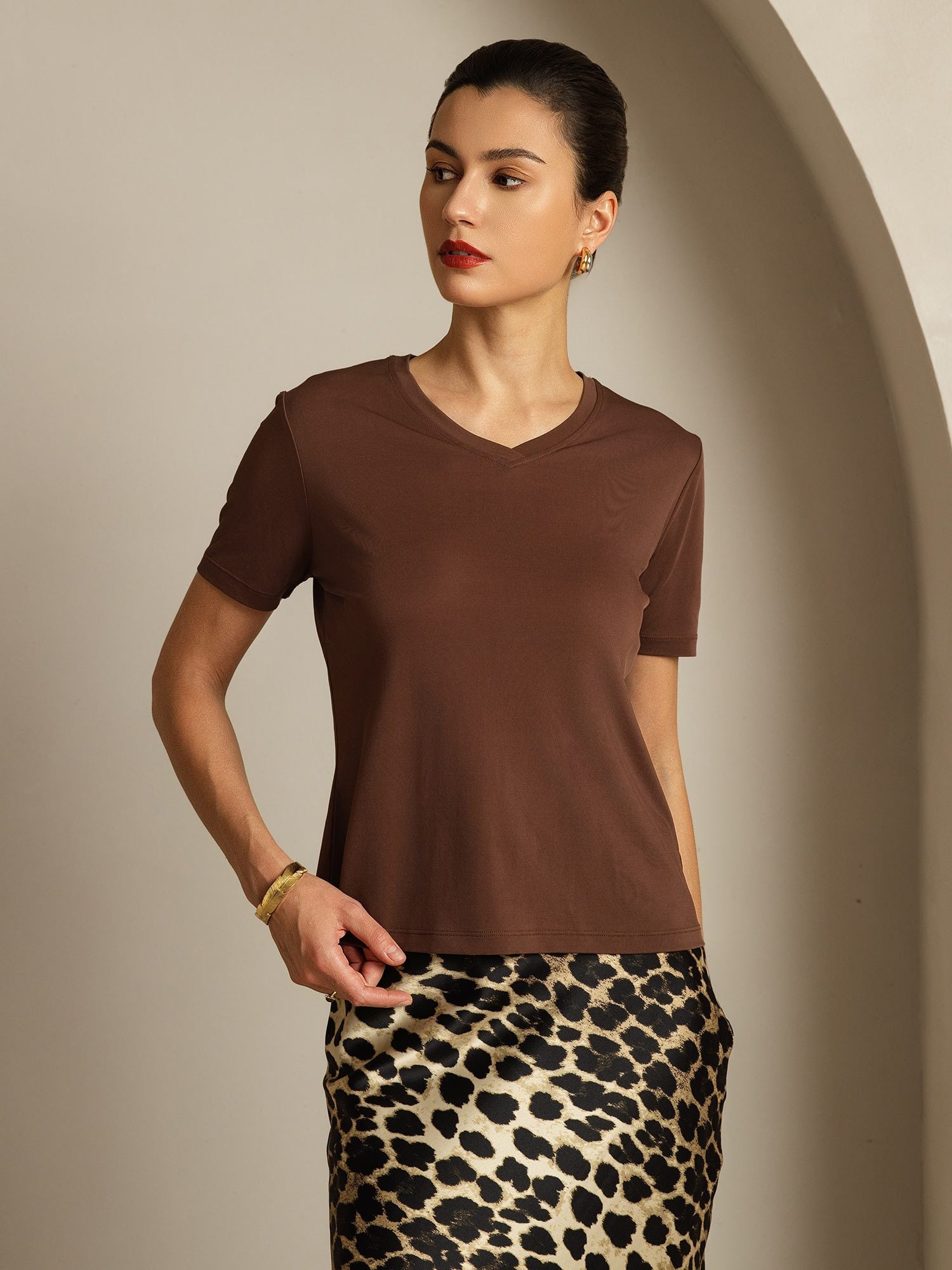[Coffee] SilkSilky-CA Pure Silk V Neck Women's T-Shirt 007