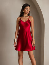 [Wine] SilkSilky-CA Spaghetti Strap V Neck Dress 001