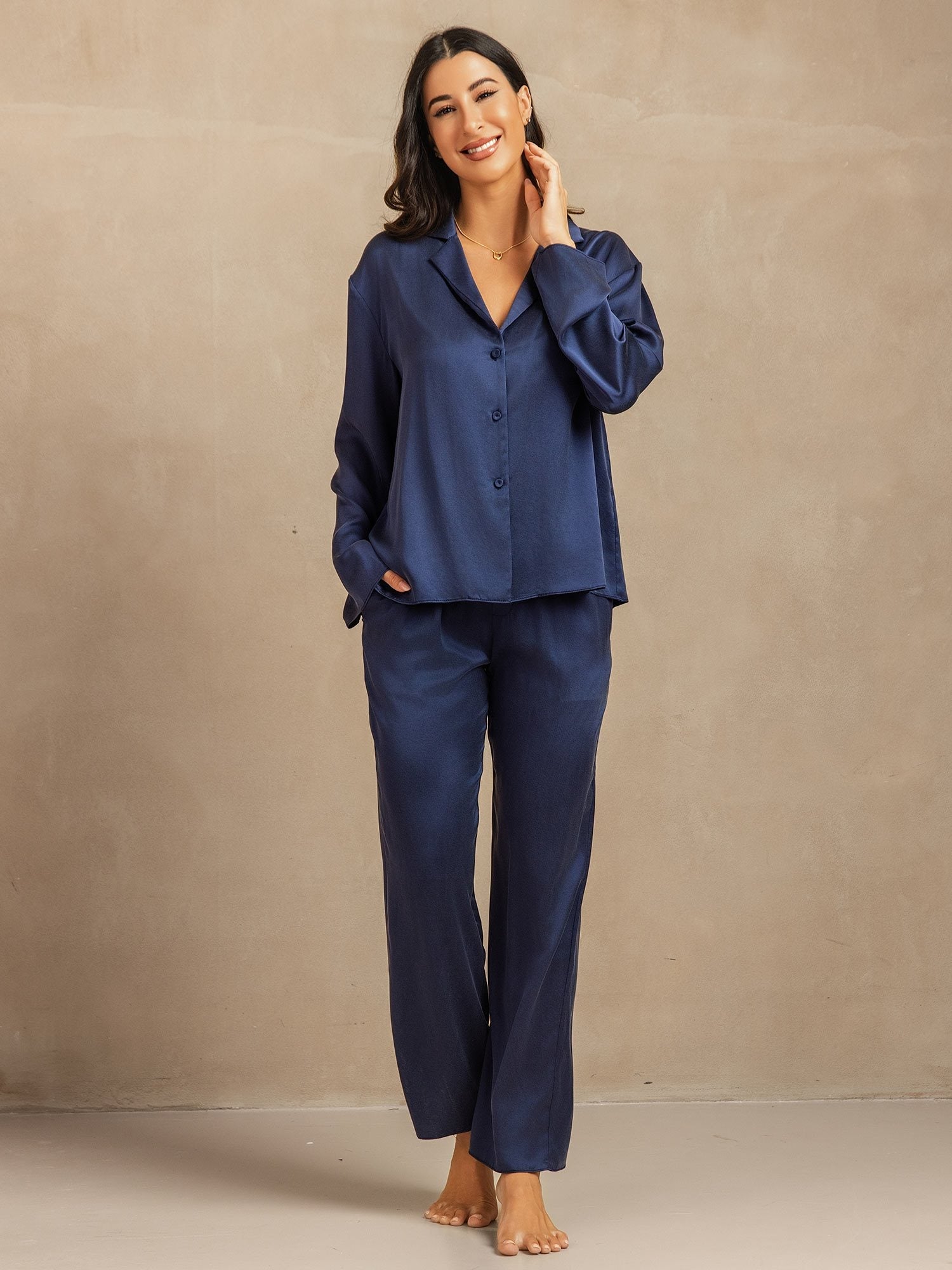 [Dark Blue] SilkSilky-CA 19Momme Machine-Washable Silk Notched Neck Women's Pajamas 003