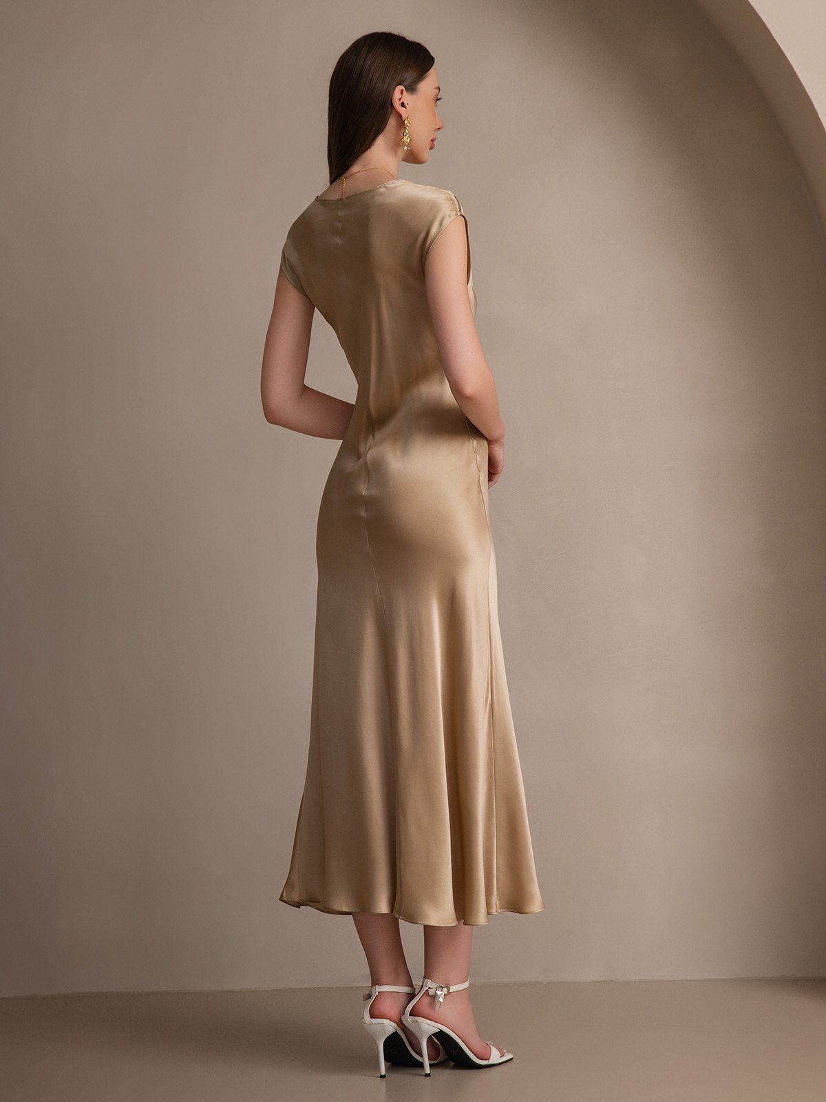 [Champagne] SilkSilky-CA 19Momme Silk Cap Sleeve Round Neck Dress 002