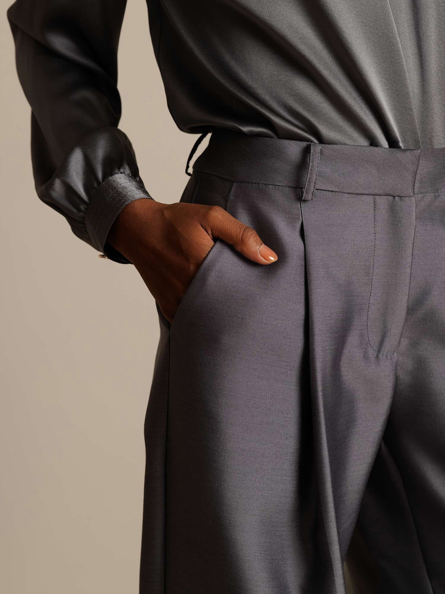 [Gray] SilkSilky-CA 32Momme Silk-Wool Blend Womens Pants 004,