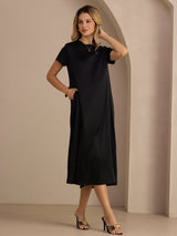 [Black] SilkSilky-CA Short Sleeve Crew Neck Dress 004