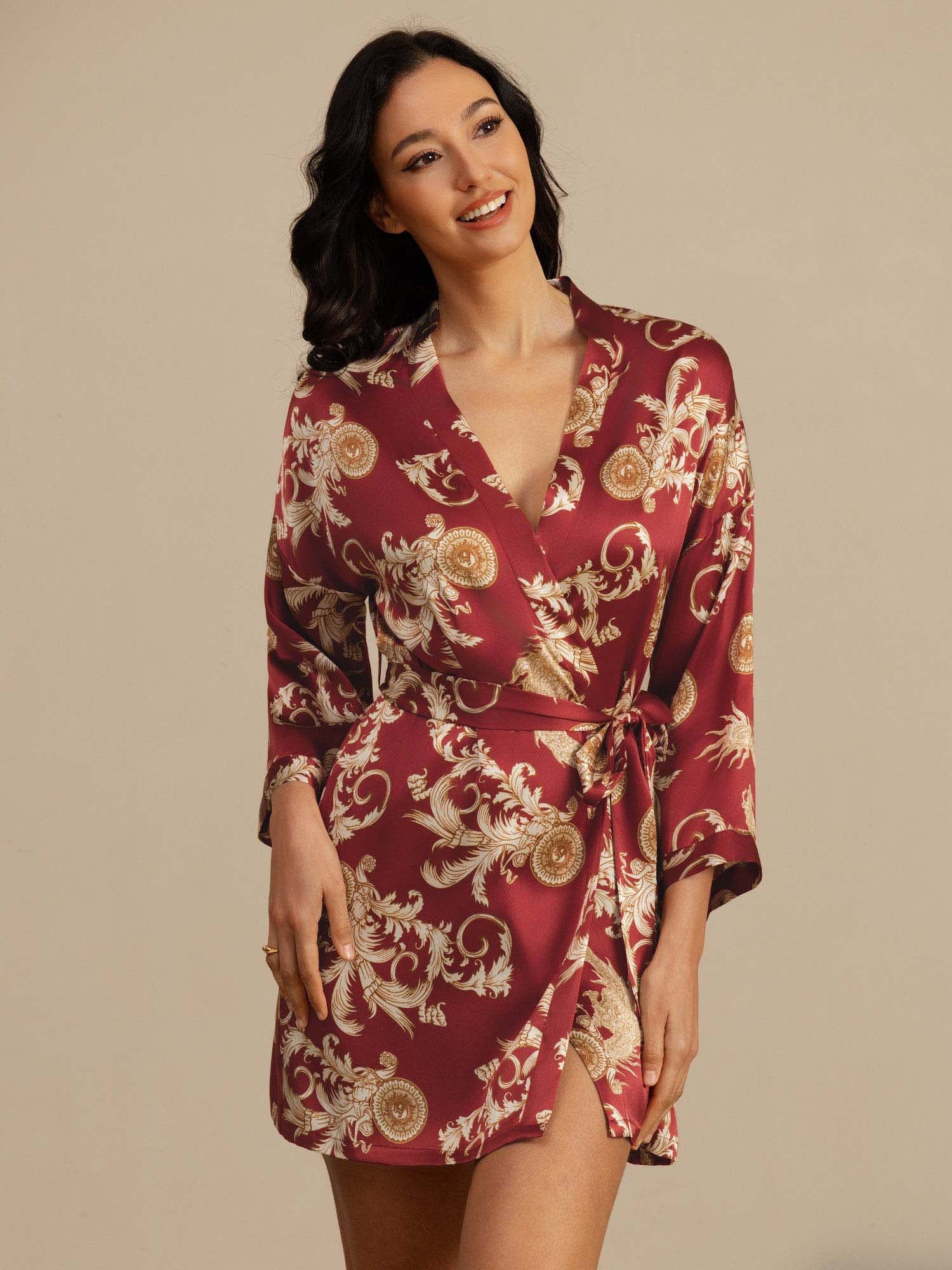[Wine Dragon] SilkSilky-CA 3/4 Sleeve V Neck Women's Robe 003