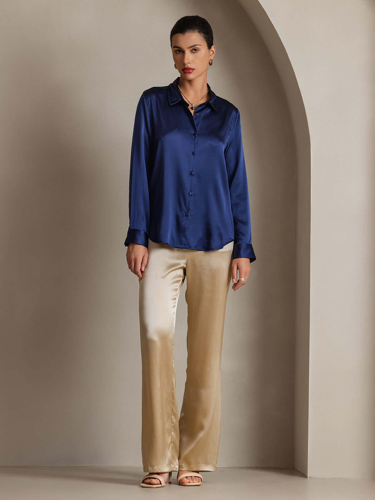 [Dark Blue] SilkSilky-CA 19Momme Stretch Silk Charmeuse Long Sleeve Lapel Collar Women's Shirt 004