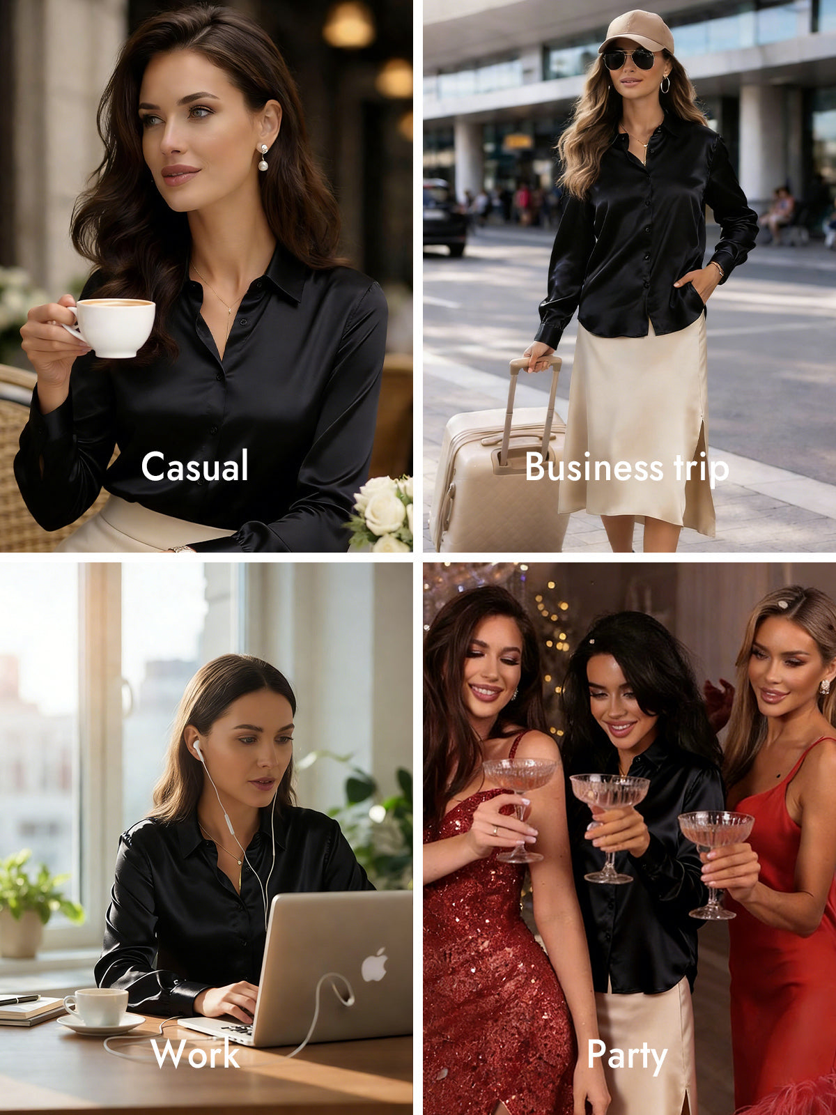 [Black] SilkSilky-CA Silk Long Sleeve Lapel Collar Women's Shirt 009